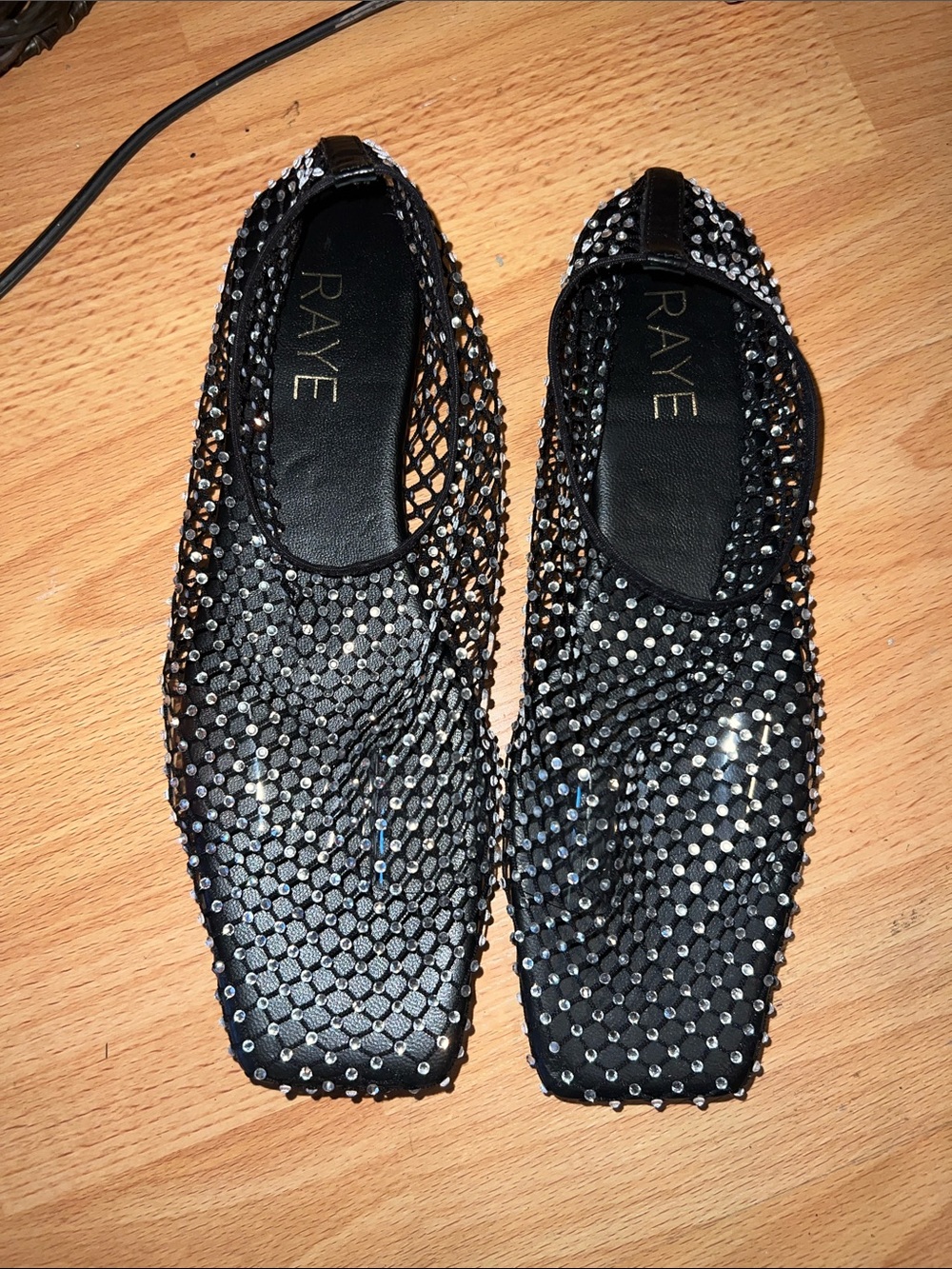 RAYE Black Crystal Mesh Square-Toe Ballet Flats